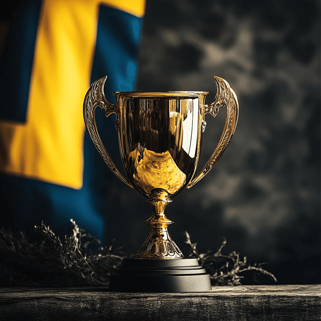En glänsande guldig prispokal. I bakgrunden syns svenska flaggan.