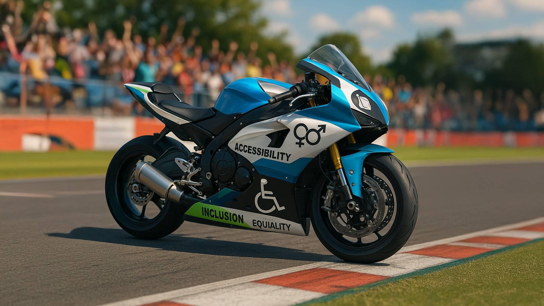 En fotorealistisk roadracingmotorcykel på en racerbana, designad med meningsfulla och tydligt igenkännbara dekaler som representerar inkludering, jämställdhet, tillgänglighet och utbildning. Dekalerna inkluderar: mångsidiga människogestalter som håller varandra i händerna (symboliserar inkludering), balanserade könssymboler (för jämställdhet), en tydlig rullstolssymbol (för tillgänglighet) och öppna böcker eller studentmössor (för utbildning). Motorcykeln är modern och sportig, i en dynamisk racingposition. I bakgrunden syns en ljus, inkluderande tävlingsmiljö med en publik som består av människor med olika bakgrund.